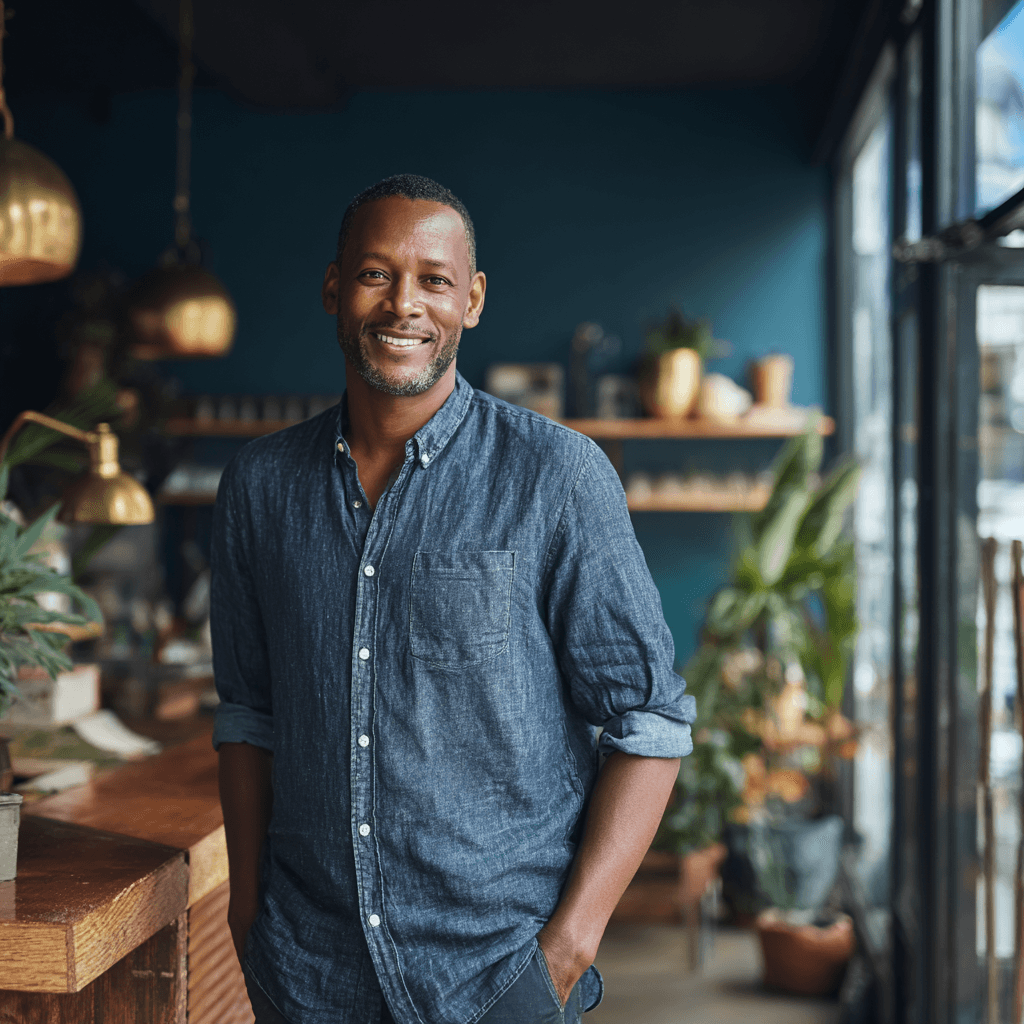 Confident business owner in a modern shop with teal walls and brass fixtures