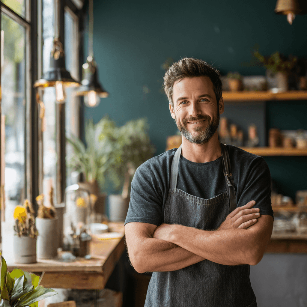 Bearded business owner with arms crossed in his workspace