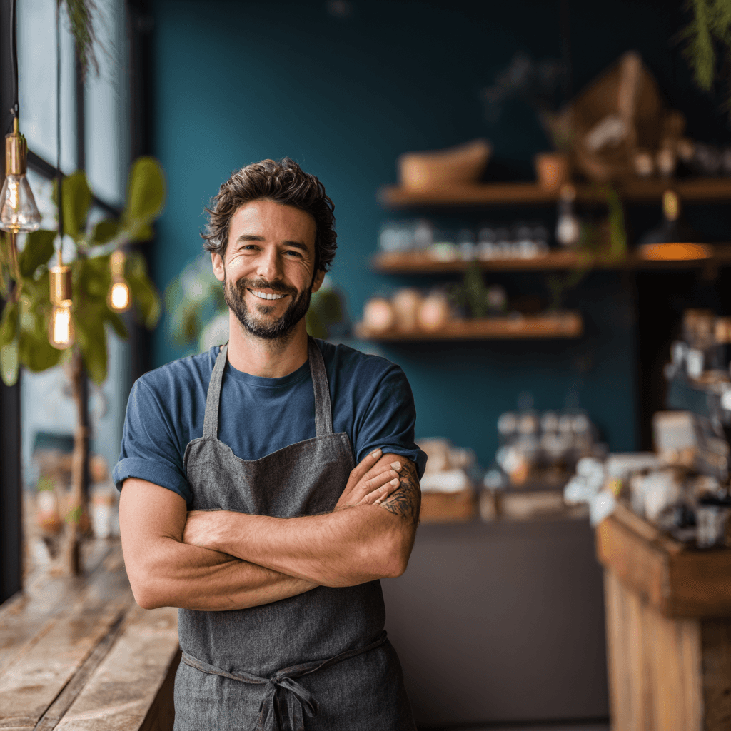 Business owner in apron standing confidently in his cafe