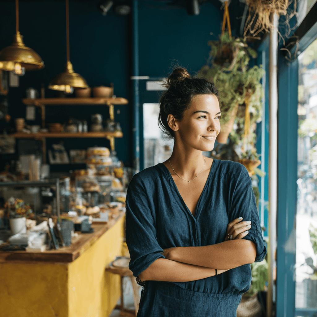 Female business owner looking forward confidently in her store