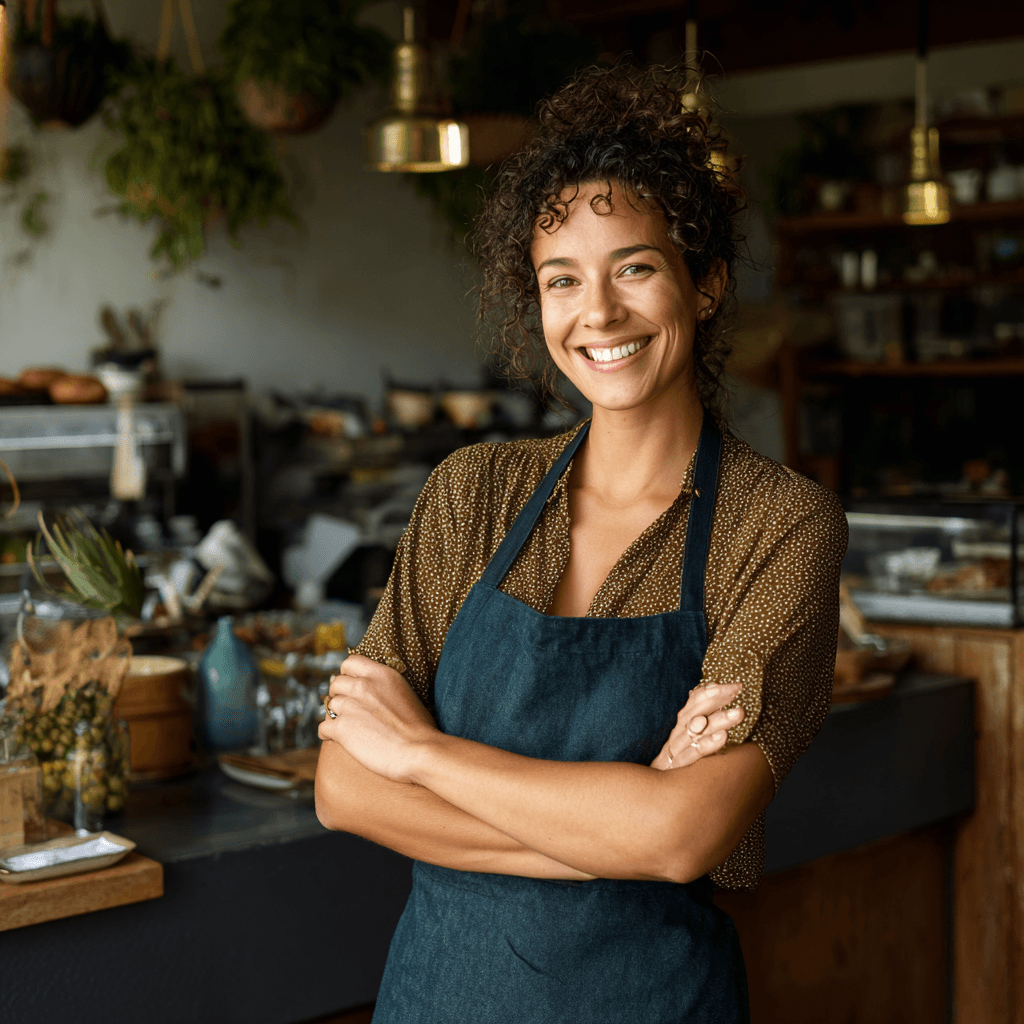 Smiling business owner with curly hair standing in her bakery