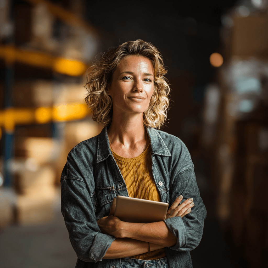 Logistics company owner inside her warehouse with a tablet