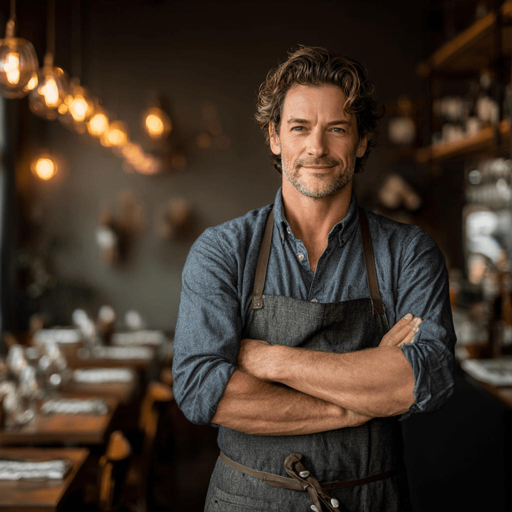 Restaurant owner standing in his small dining room
