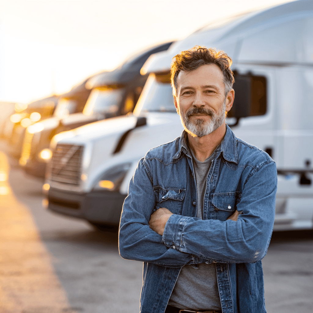Confident owner-operator standing in front of his semi-truck